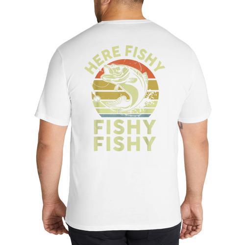 Here-Fishy Fishing Boy Large Mouth Bass Dad Big And Tall Men's T-Shirt Back Print - Father's Day Fun