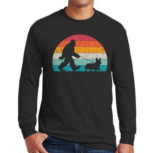 Bigfoot Walking a Dog Corgi Lovers Dog Dad Men Long Sleeve T-Shirt - Father's Day Fun
