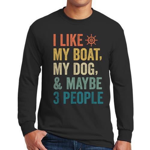 I Like My Boat Dog And Maybe 3 People Retro Sailor Dad Men Long Sleeve T-Shirt - Father's Day Fun