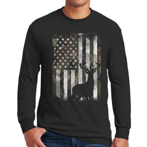 Camo US Flag Deer Elk Buck Camoflage Hunting Hunter Dad Short Sleeve Men Long Sleeve T-Shirt - Father's Day Fun