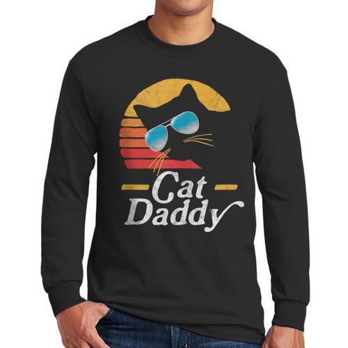 Cat Daddy Vintage 80s Style Cat Retro Sunglasses Distressed Men Long Sleeve T-Shirt - Father's Day Fun