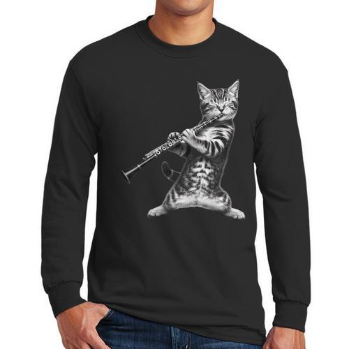 Cat Playing The Clarinet For Cat Lover Cat Mom Cat Dad Men Long Sleeve T-Shirt - Father's Day Fun