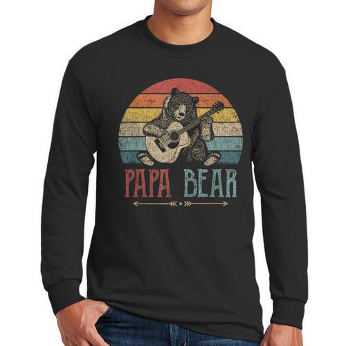Cute Papa Bear Vintage Father's Day Retro Dad Guitar Men Long Sleeve T-Shirt - Father's Day Fun