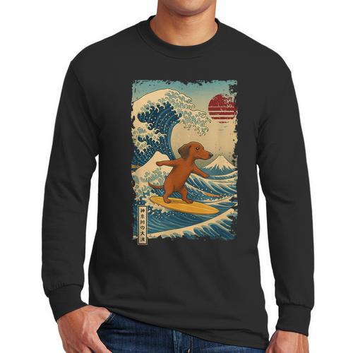 Dachshund Doxie Japanese Kanagawa Wave Surfing Japan Mom Dad Men Long Sleeve T-Shirt - Father's Day Fun