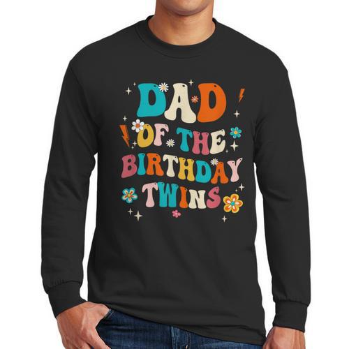 Dad Of The Birthday Twins Boys Girls Party Retro Bday Men Long Sleeve T-Shirt - Father's Day Fun