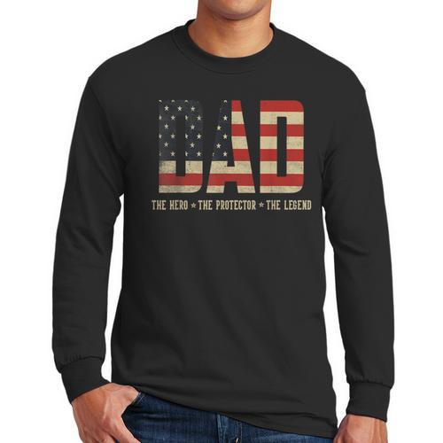Dad Protector Hero Legend USA Flag Dad Father's Day Men Long Sleeve T-Shirt - Father's Day Fun