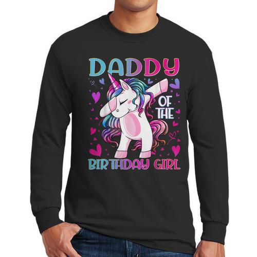 Daddy Of The Birthday Girl Dabbing Unicorn Dad Daddy Small Men Long Sleeve T-Shirt - Father's Day Fun