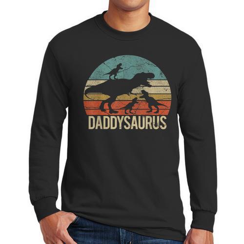 Daddy Dinosaur Daddysaurus 3 Three Kids Xmas Men Long Sleeve T-Shirt - Father's Day Fun