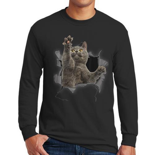 Grey Cat Torn Cloth Cat Dad Cat Mom Cat Lover Men Long Sleeve T-Shirt - Father's Day Fun