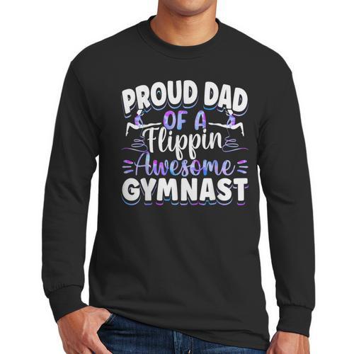 Gymnastics Watercolor Proud Dad Of A Flippin Awesome Gymnast Men Long Sleeve T-Shirt - Father's Day Fun