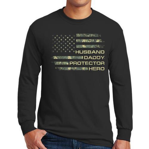 Husband Daddy Protector Hero Fathers Day Camo American Flag Men Long Sleeve T-Shirt - Father's Day Fun