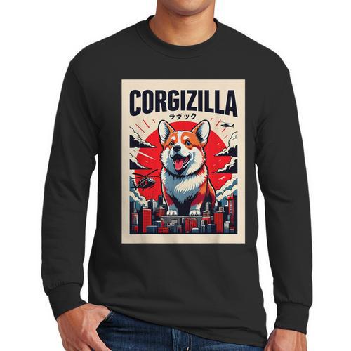 Japanese Art Corgi Dog Mom Dad Men Long Sleeve T-Shirt - Father's Day Fun