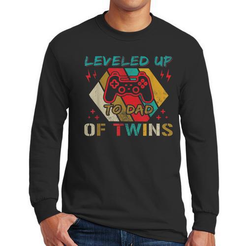 Leveled Up To Dad Of Twins Video Gamer Gaming Men Long Sleeve T-Shirt - Father's Day Fun