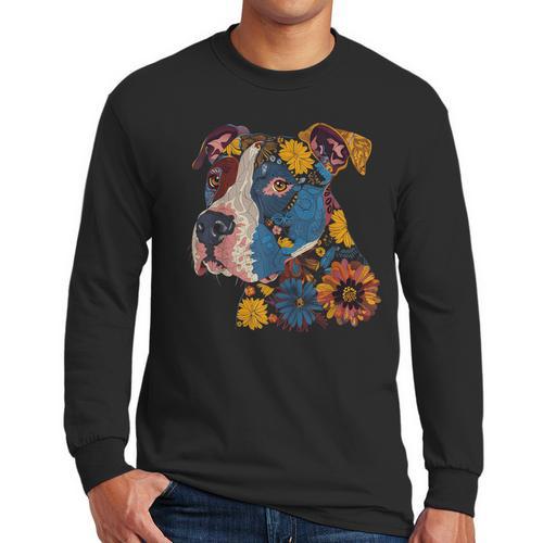 Pitbull Floral Dog Lover Vintage Flower Art Pitbull Mom Dad Men Long Sleeve T-Shirt - Father's Day Fun