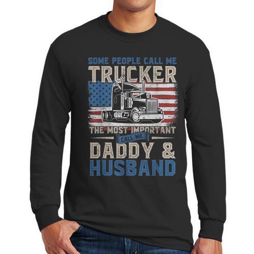 Semi Truck Driver Trucker Daddy Husband US American Flag Men Long Sleeve T-Shirt - Father's Day Fun