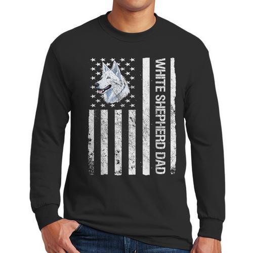 Shepherd Dad USA Flag White German Shepherd Men Long Sleeve T-Shirt - Father's Day Fun