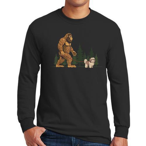 Shih Tzu Bigfoot Dog Walking Mom Dad Kids Men Long Sleeve T-Shirt - Father's Day Fun