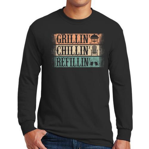 Vintage Grill Dad Grilling Chilling Refilling Men Long Sleeve T-Shirt - Father's Day Fun