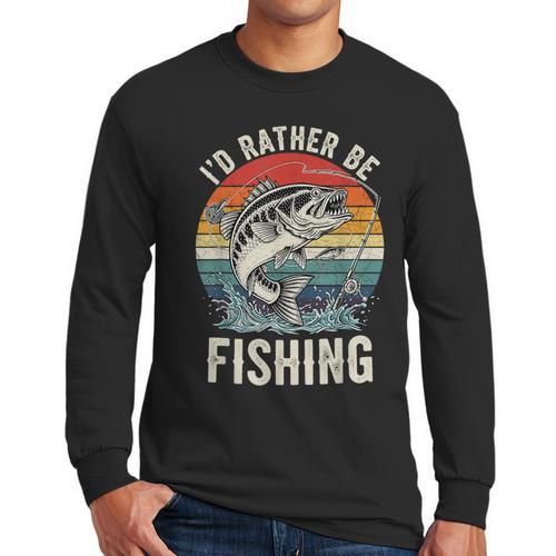 Vintage I'd Rather Be Fishing Graphic Bass Dad Boy Men Men Long Sleeve T-Shirt - Father's Day Fun