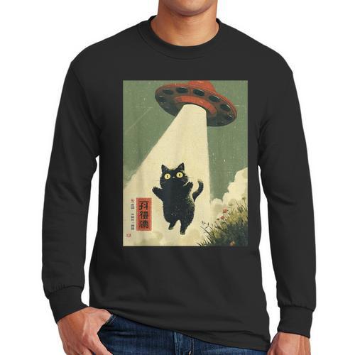 Vintage Japanese Cat Alien Cat Dad UFO Abduction Graphic Tee Men Long Sleeve T-Shirt - Father's Day Fun