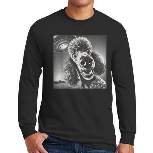 Vintage Poodle Selfie With UFO Alien Photobooth Dog Mom Dad Men Long Sleeve T-Shirt - Father's Day Fun