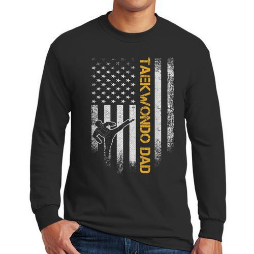 Vintage USA Flag Korea Taekwondo Training Dad Silhouette Men Long Sleeve T-Shirt - Father's Day Fun