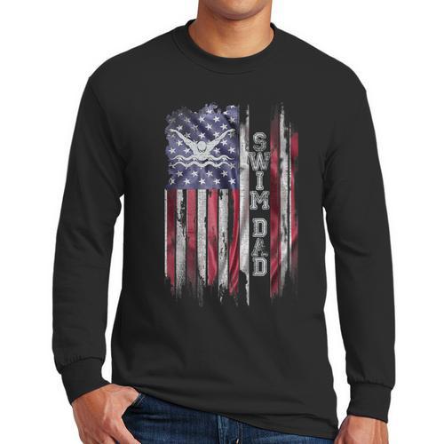 Vintage USA Flag Proud Swimming Dad Swim Swimmer Silhouette Men Long Sleeve T-Shirt - Father's Day Fun