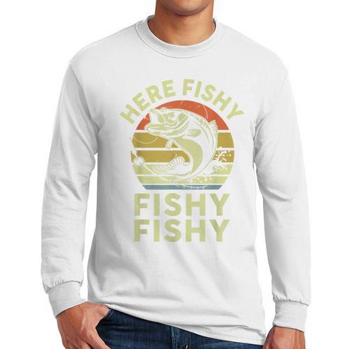 Here-Fishy Fishing Boy Large Mouth Bass Dad Men Long Sleeve T-Shirt - Father's Day Fun