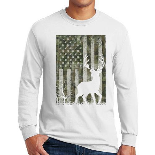 US Flag Deer Elk Buck Camoflage Hunting Hunter Dad Grandpa Men Long Sleeve T-Shirt - Father's Day Fun