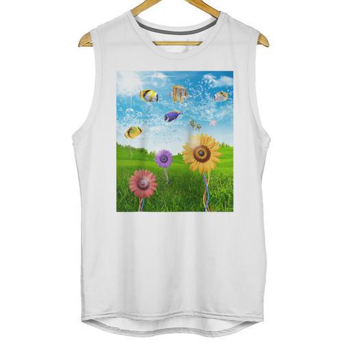 Frutiger Aero Aesthetic Tech Scenery Fishes Sunflower Raglan Baseball Tee Unisex Tank Top - Figerry