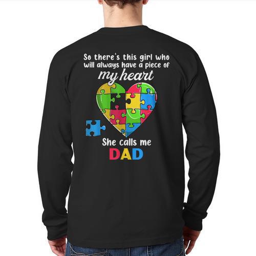 Autism Dad Of Autism Daughter Daddy Shirts Autistic Support Long Sleeve T-Shirt Back Print - Father's Day Fun