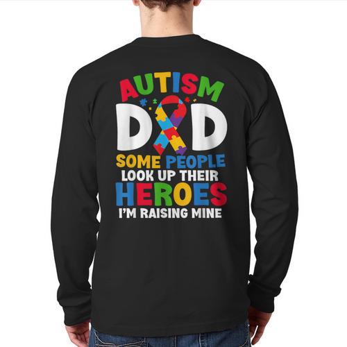 Autism Dad Puzzle Ribbon Proud Son Hero Autism Awareness Long Sleeve T-Shirt Back Print - Father's Day Fun