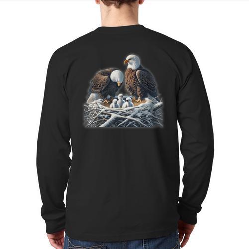 Bald Eagle Dad Mom Three Eaglet Chicks Babies In The Nest Long Sleeve T-Shirt Back Print - Father's Day Fun