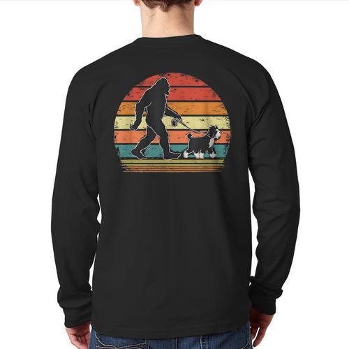 Bigfoot Walking a Dog Bernedoodle Dog Dad Long Sleeve T-Shirt Back Print - Father's Day Fun