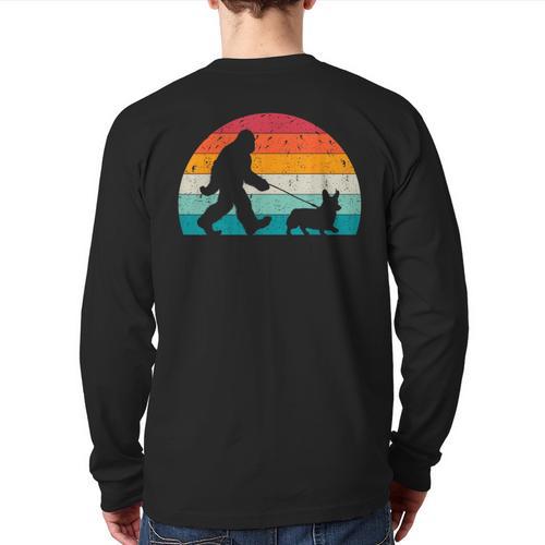 Bigfoot Walking a Dog Corgi Lovers Dog Dad Long Sleeve T-Shirt Back Print - Father's Day Fun
