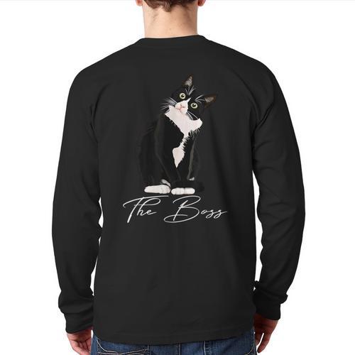 Boss Tuxedo Cat Lovers Tee Shirt For Mom Dad Long Sleeve T-Shirt Back Print - Father's Day Fun