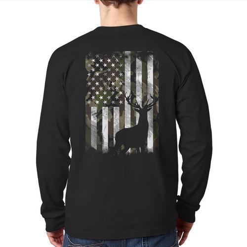 Camo US Flag Deer Elk Buck Camoflage Hunting Hunter Dad Short Sleeve Long Sleeve T-Shirt Back Print - Father's Day Fun