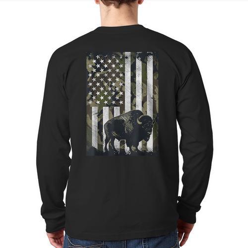 Camo USA Flag Bison Camouflage Hunting Wildlife Hunter Dad Long Sleeve T-Shirt Back Print - Father's Day Fun