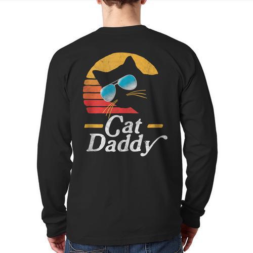 Cat Daddy Vintage 80s Style Cat Retro Sunglasses Distressed Long Sleeve T-Shirt Back Print - Father's Day Fun
