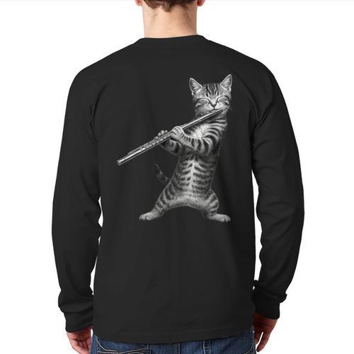 Cat Playing Flute For Cat Lover Cat Mom Cat Dad Long Sleeve T-Shirt Back Print - Father's Day Fun