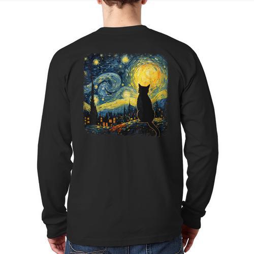 Cat Starry Night Van Gogh Cat For Cat Lover Cat Mom Cat Dad Long Sleeve T-Shirt Back Print - Father's Day Fun