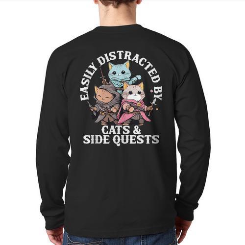 Cats Side Quest Distracted Tabletop Men Women Kids Dad Long Sleeve T-Shirt Back Print - Father's Day Fun