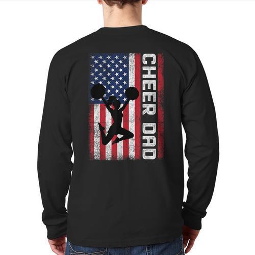 Cheer Dad American Flag Cheerleader Support Long Sleeve T-Shirt Back Print - Father's Day Fun
