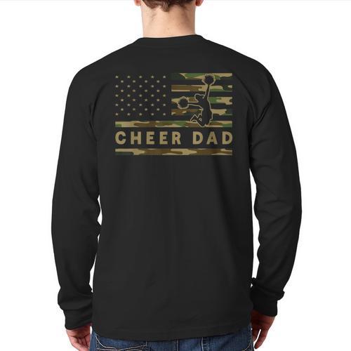 Cheer Dad Camo American Flag Cheerleader Supporter Long Sleeve T-Shirt Back Print - Father's Day Fun