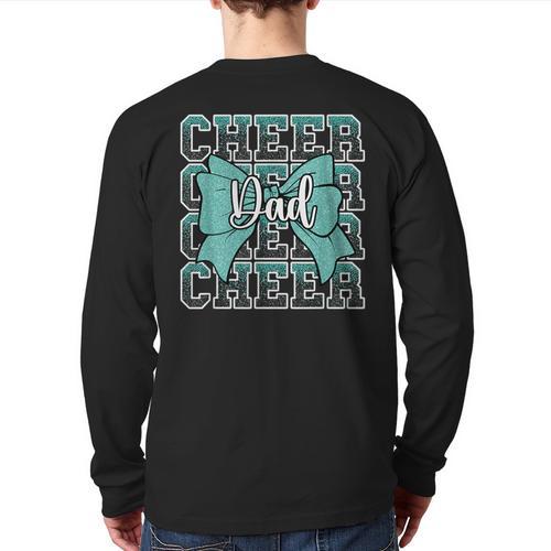 Cheer Dad Daddy Bow Sport Cheerleader Cheerleading Teal Blue Long Sleeve T-Shirt Back Print - Father's Day Fun