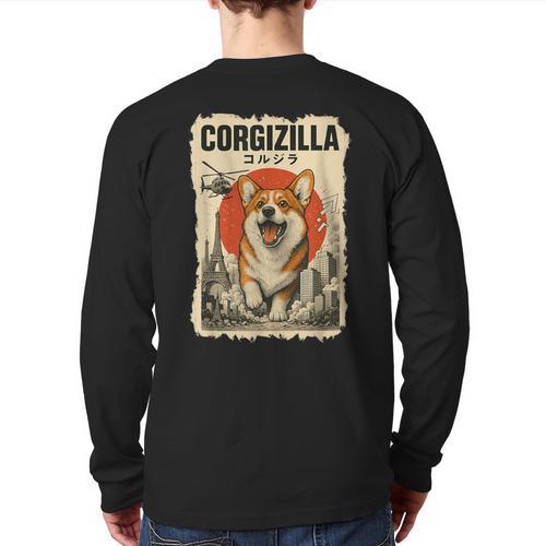 CorgiZilla Parody Japanese Art Vintage Corgi Dog Mom Dog Dad For Men Women Kids Long Sleeve T-Shirt Back Print - Father's Day Fun