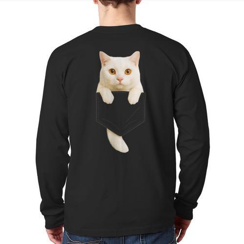 Cute Cat Pocket Cat Mom Cat Dad Cat Lover Long Sleeve T-Shirt Back Print - Father's Day Fun
