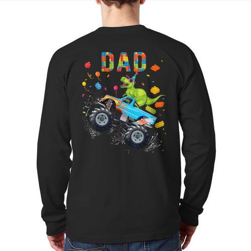 Dad Building Blocks Monster Truck Dinosaur Birthday Long Sleeve T-Shirt Back Print - Father's Day Fun