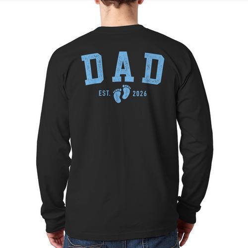 Dad Est 2026 Blue Baby Feet First Time Boy Daddy Long Sleeve T-Shirt Back Print - Father's Day Fun