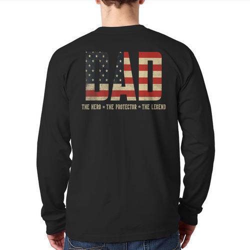Dad Protector Hero Legend USA Flag Dad Father's Day Long Sleeve T-Shirt Back Print - Father's Day Fun